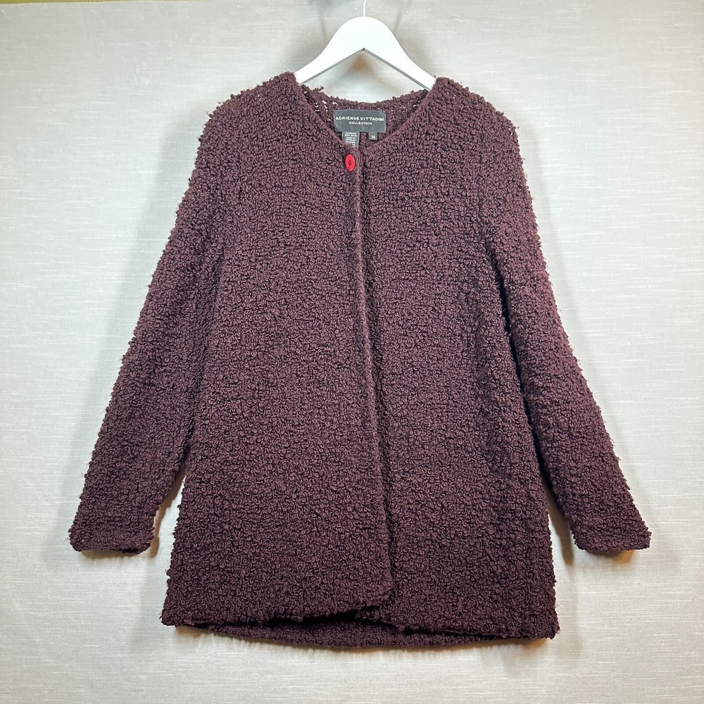 Adrienne Vittadini Knit Wool Sweater Womans Medium Long Cardigan Brown Maroon